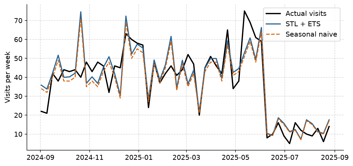 Line chart of weekly visits in the test year. The black line of actual visits shows the usual exam peaks and summer low. The STL and ETS forecast follows the actual line closely for most of the year. The seasonal naive forecast, a copy of the previous year, is more jagged, and in October 2024 it shows a spike that did not happen.